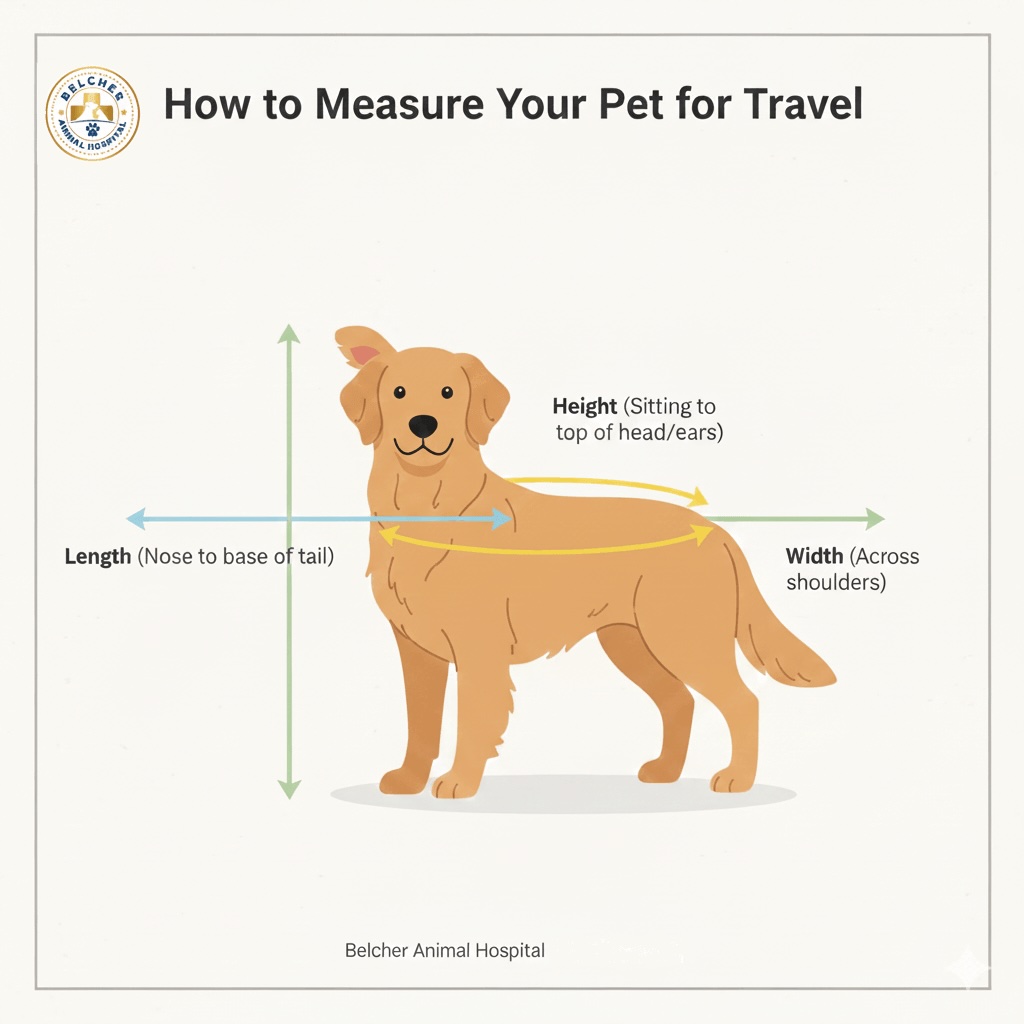 Diagram showing how to measure a dog’s length, height, and width for a travel crate, from Belcher Animal Hospital in Clearwater, FL